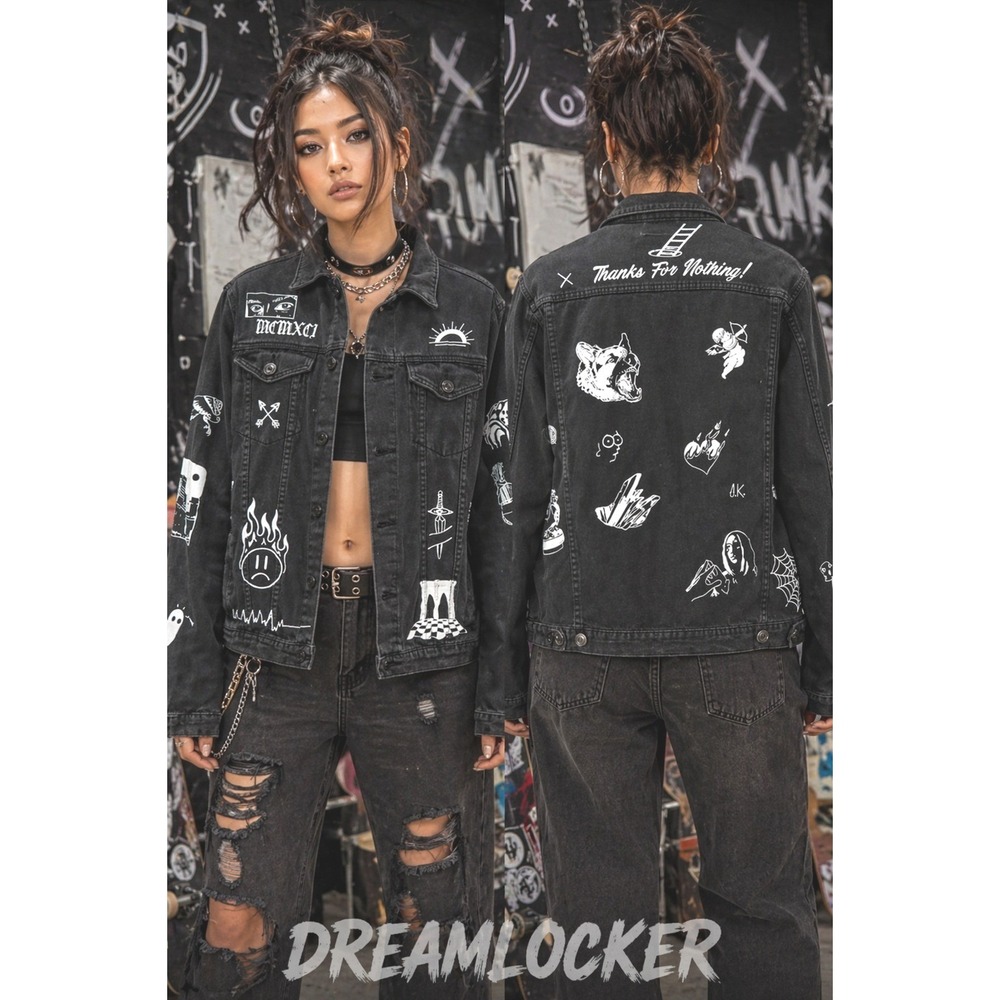 Rue21 Black Graphic Denim Jacket Y2K Grunge Streetwear Punk Graphic Trucker Med